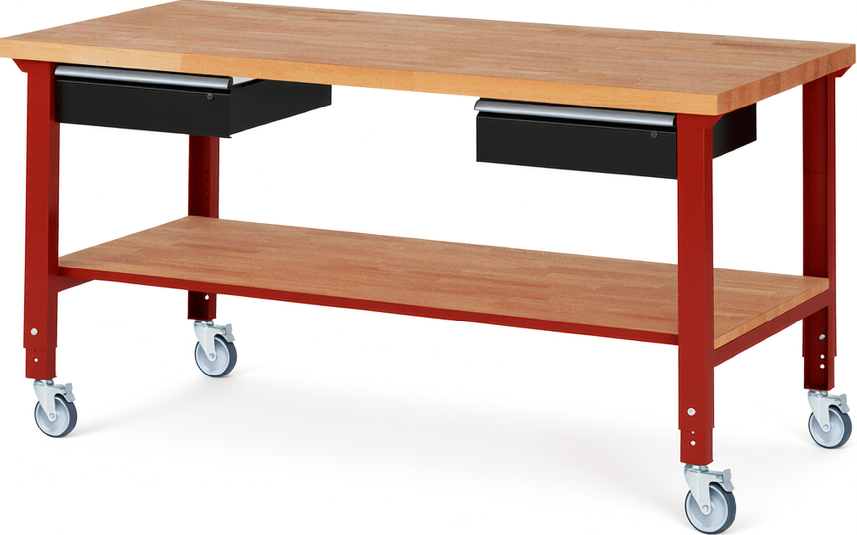 Fahrbare Werkbank Modell 7002 rot - schwarz, BxTxH 2000x900x950-1000 mm,  Buche-Massiv Arbeitsplatte 40 mm,  2 Schubladen mit  Auszug 90 %
