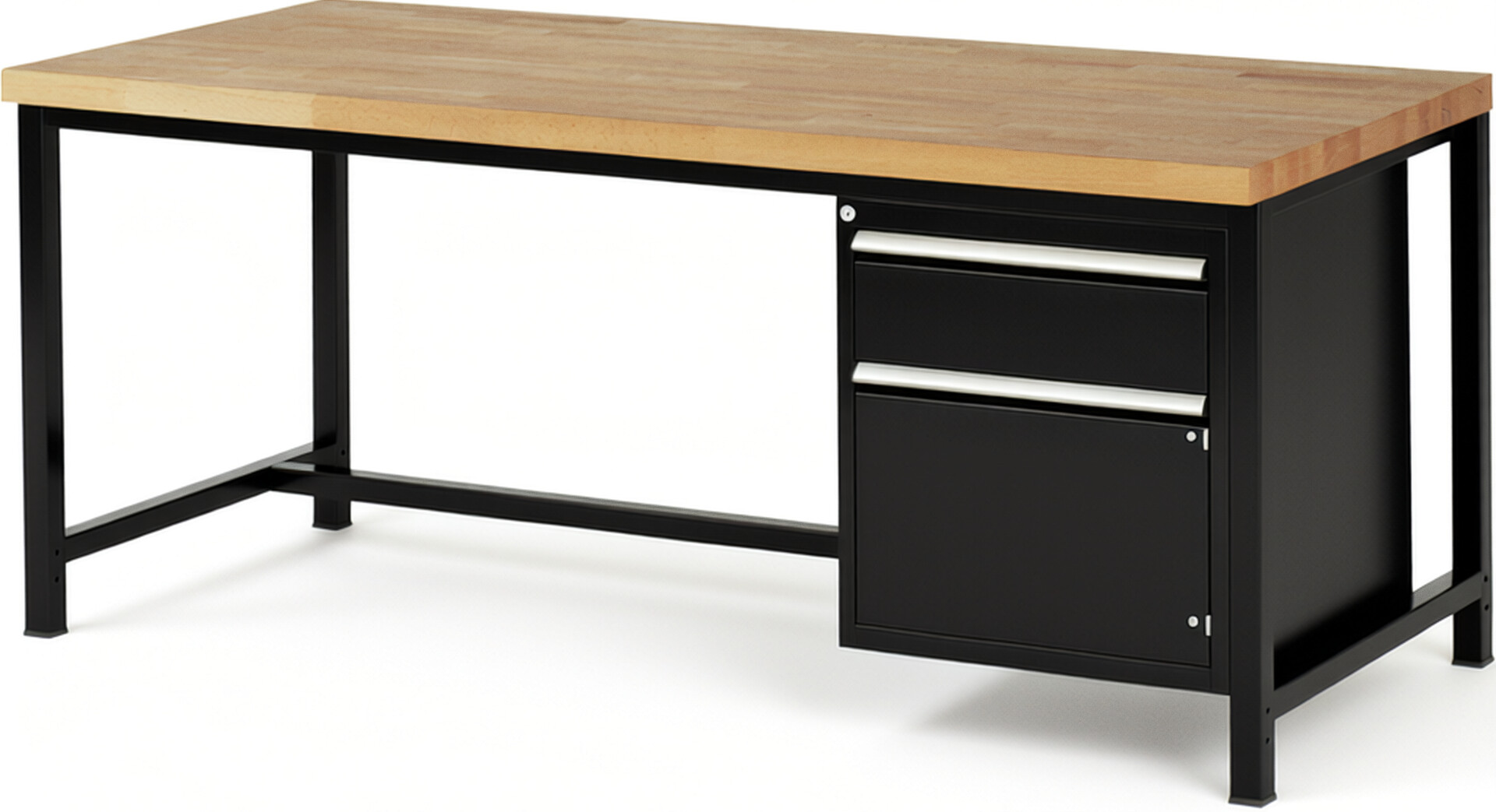 Werkbank Modell 8152 schwarz, BxTxH 2000x900x840-1040 mm,  Buche-Massiv Arbeitsplatte 40 mm,  1 Schublade mit  Vollauszug 100 % und  SoftClosing