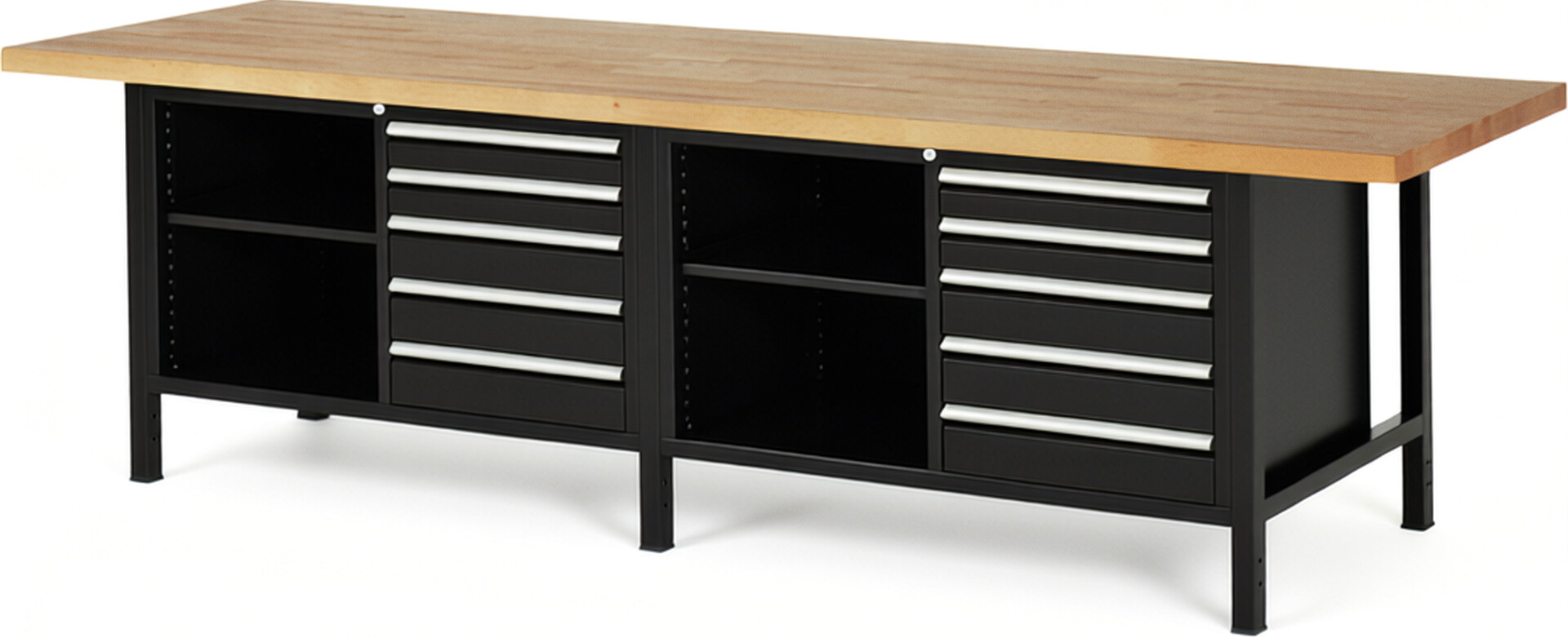 Werkbank Modell 8464 schwarz, BxTxH 3000x900x840 mm,  Buche-Massiv Arbeitsplatte 40 mm,  10 Schubladen mit  Auszug 90 %