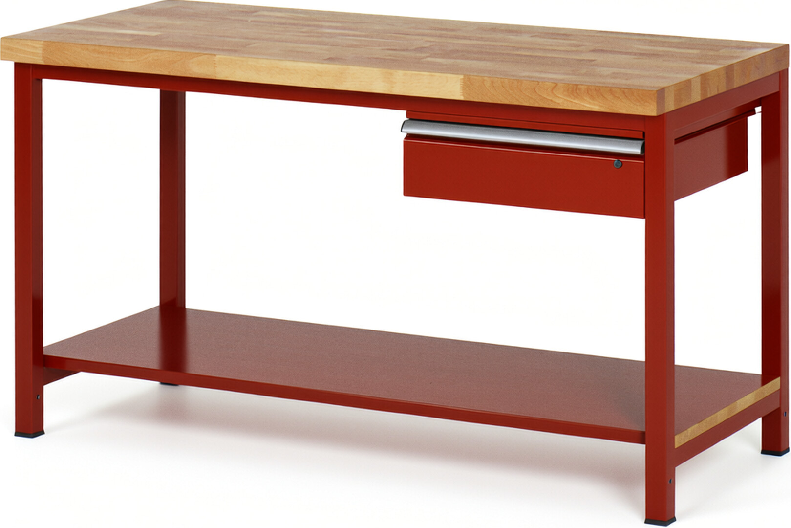 Werkbank Modell 8001 rot, BxTxH 1500x700x840-1040 mm,  Buche-Massiv Arbeitsplatte 40 mm,  1 Schublade mit  Auszug 90 %
