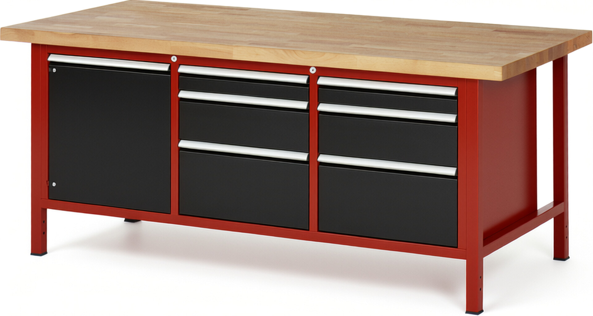 Werkbank Modell 8570 rot - schwarz, BxTxH 2000x900x840-1040 mm,  Buche-Massiv Arbeitsplatte 40 mm,  6 Schubladen mit  Auszug 90 %