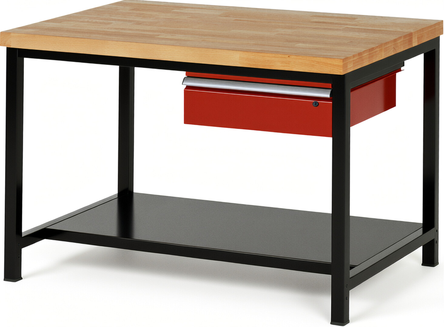 Werkbank Modell 8001 schwarz-rot, BxTxH 1250x900x840-1040 mm,  Buche-Massiv Arbeitsplatte 40 mm,  1 Schublade mit  Auszug 90 %