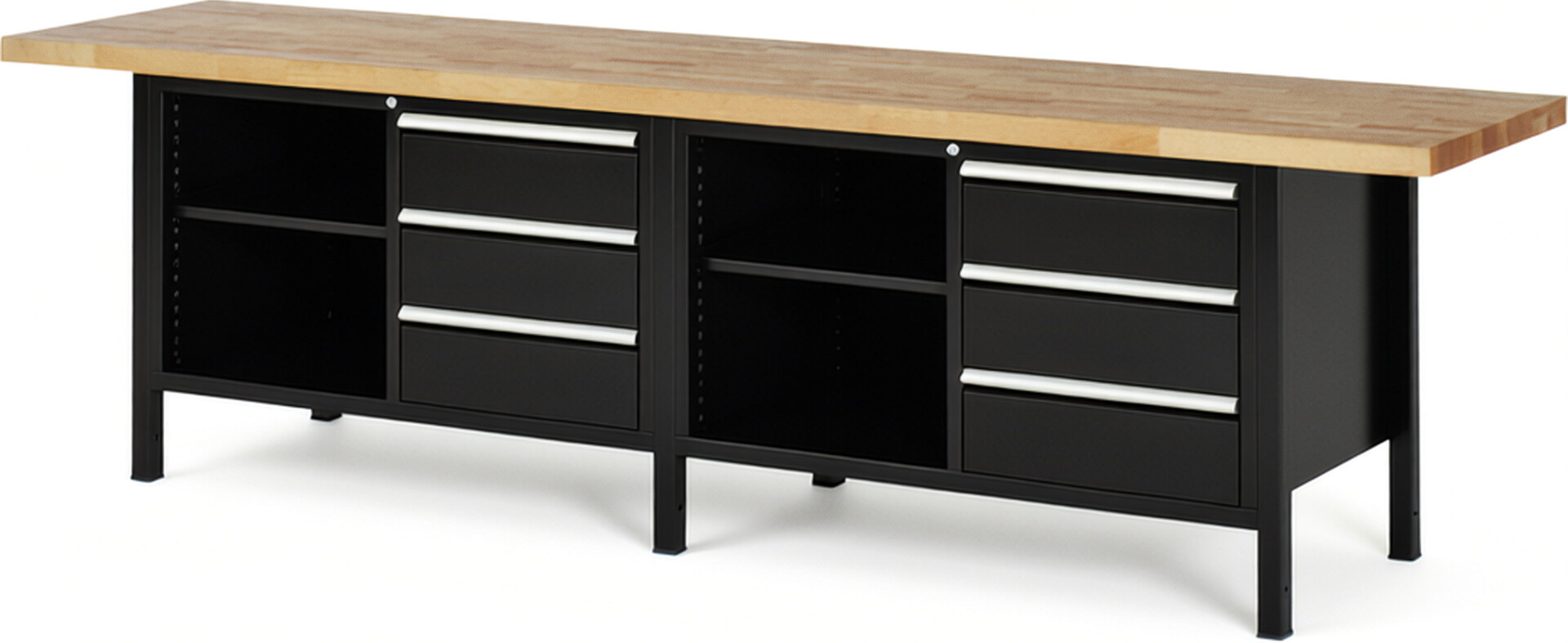 Werkbank Modell 8462 schwarz, BxTxH 3000x700x840-1040 mm,  Buche-Massiv Arbeitsplatte 40 mm,  6 Schubladen mit  Vollauszug 100 % und  SoftClosing