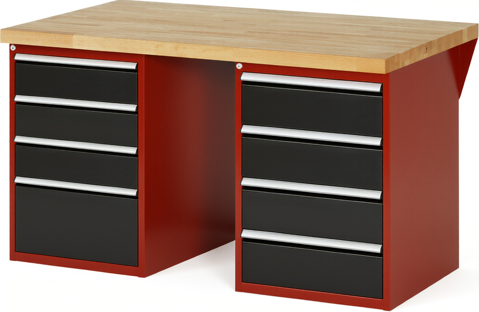 RAU Werkbank rot - schwarz - Breite 150 cm - Tiefe 90 cm - Höhe 84 cm - Buche-Massiv Arbeitsplatte 40 mm