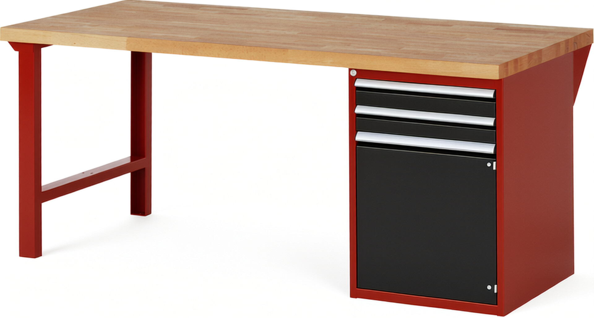Werkbank Modell 7503 rot - schwarz, BxTxH 2000x900x890 mm,  Buche-Massiv Arbeitsplatte 40 mm,  2 Schubladen mit  Auszug 90 %