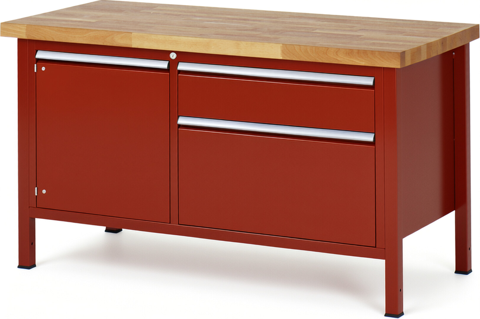Werkbank Modell 8651 rot, BxTxH 1500x700x840 mm,  Buche-Massiv Arbeitsplatte 40 mm,  2 Schubladen mit  Auszug 90 %