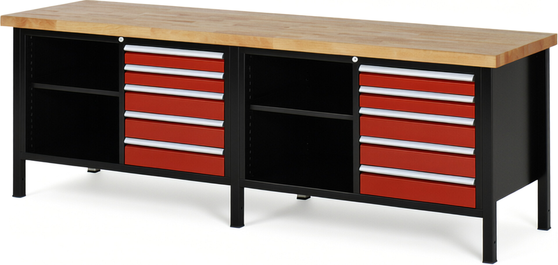 RAU Werkbank schwarz - rot - Breite 250 cm - Tiefe 70 cm - Höhe 104 cm - Buche-Massiv Arbeitsplatte 40 mm