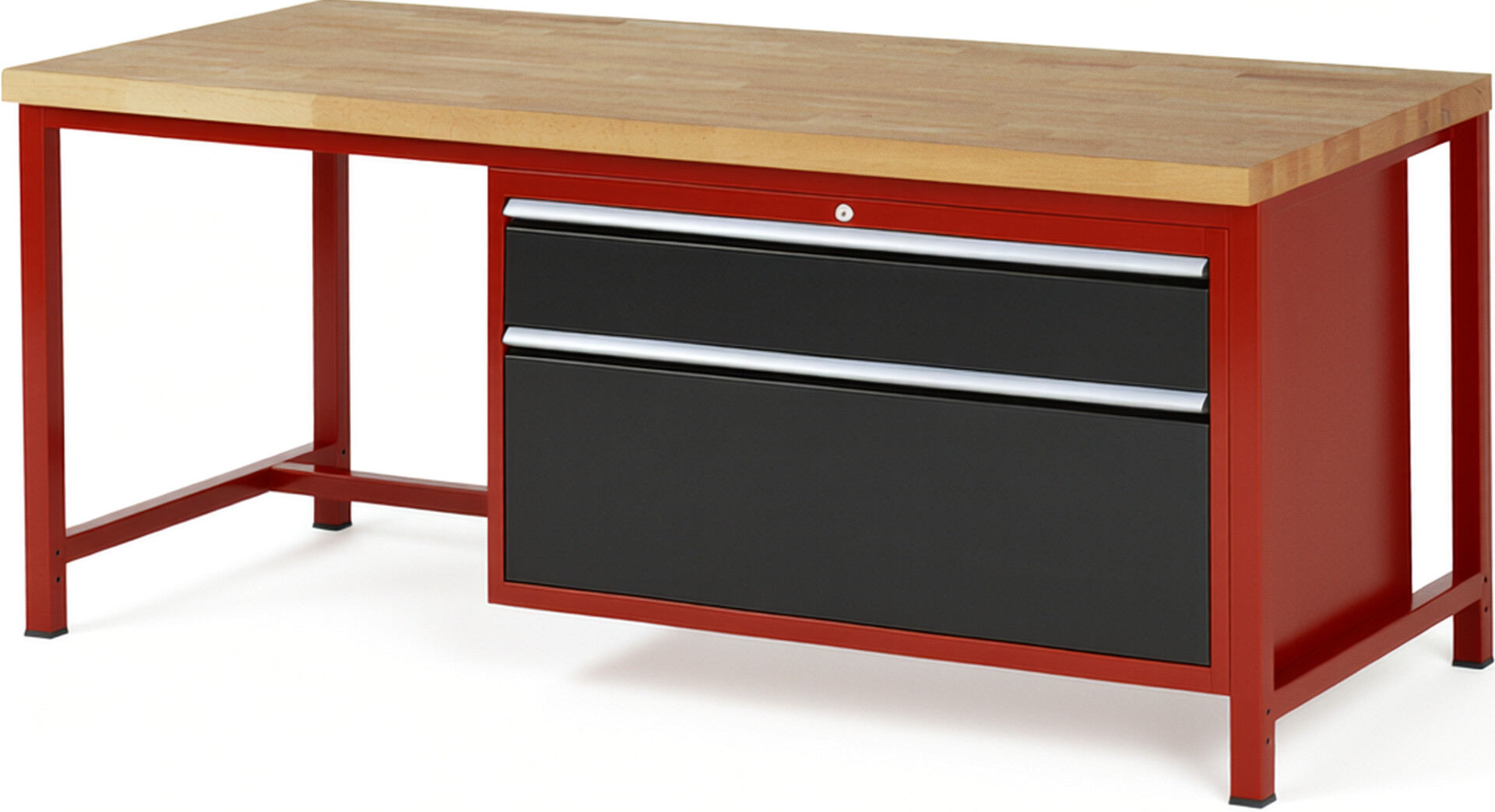 Werkbank Modell 8356 rot - schwarz, BxTxH 2000x900x840-1040 mm,  Buche-Massiv Arbeitsplatte 40 mm,  2 Schubladen mit  Vollauszug 100 % und  SoftClosing