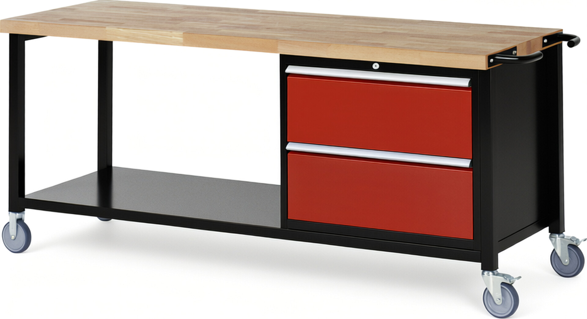 RAU Werkbank schwarz - rot - Breite 200 cm - Tiefe 70 cm - Höhe 108 cm - Buche-Massiv Arbeitsplatte 40 mm