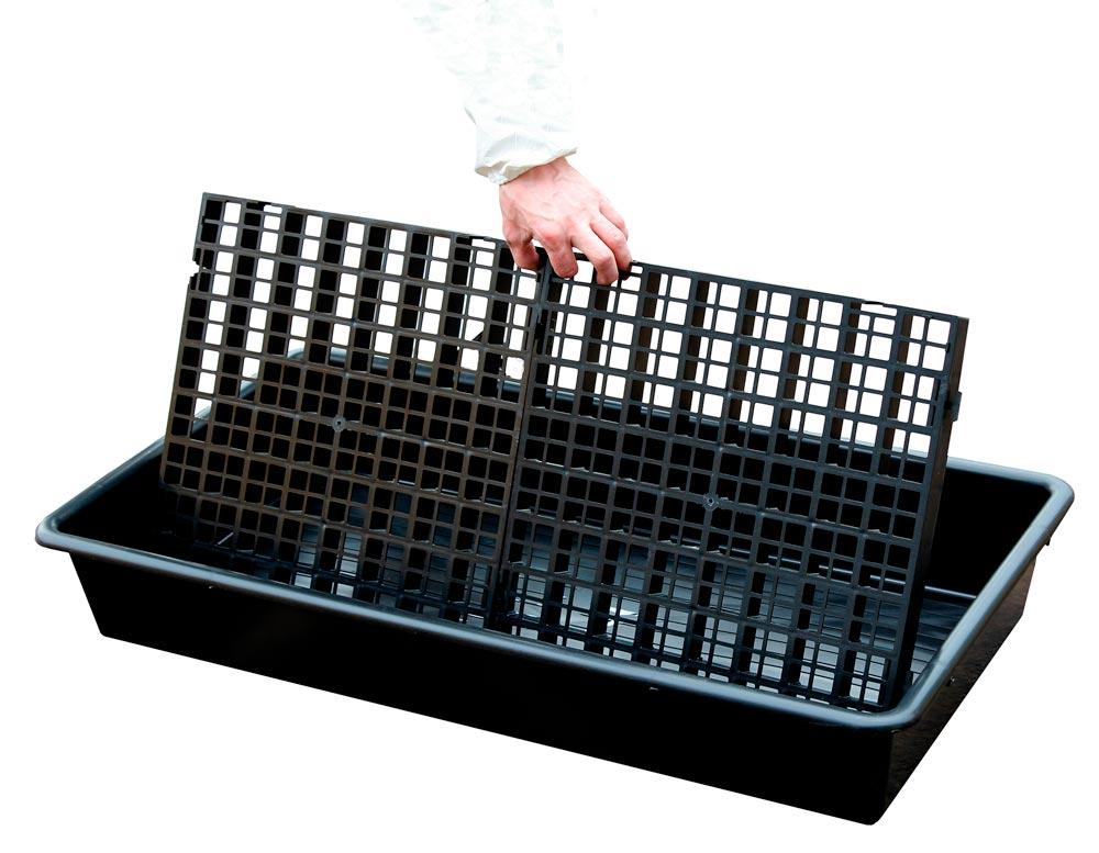 PE-Auffangwanne mit Gitterrost, BxTxH 550x1000x150 mm, Auffangvol. 64,5 l, schwarz