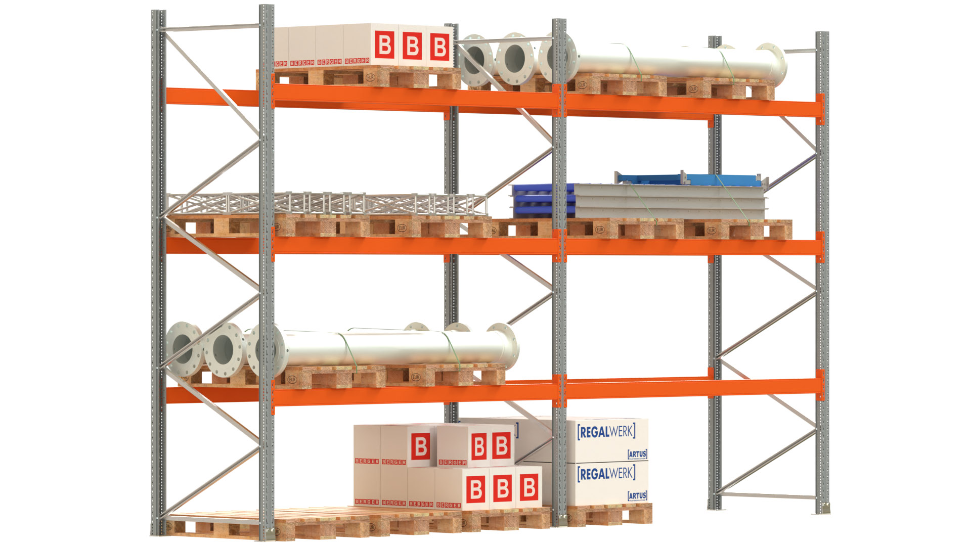 Palettenregal ARTUS - Breite 565,5 cm - Höhe 350 cm - Tiefe 110 cm - 3 Träger-Ebenen - Fachlast 2000 kg - 24 Palettenstellplätze