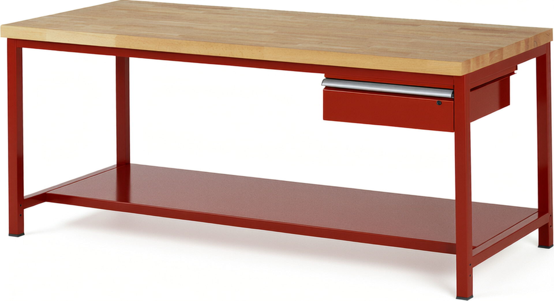 Werkbank Modell 8001 rot, BxTxH 2000x900x840-1040 mm,  Buche-Massiv Arbeitsplatte 40 mm,  1 Schublade mit  Auszug 90 %