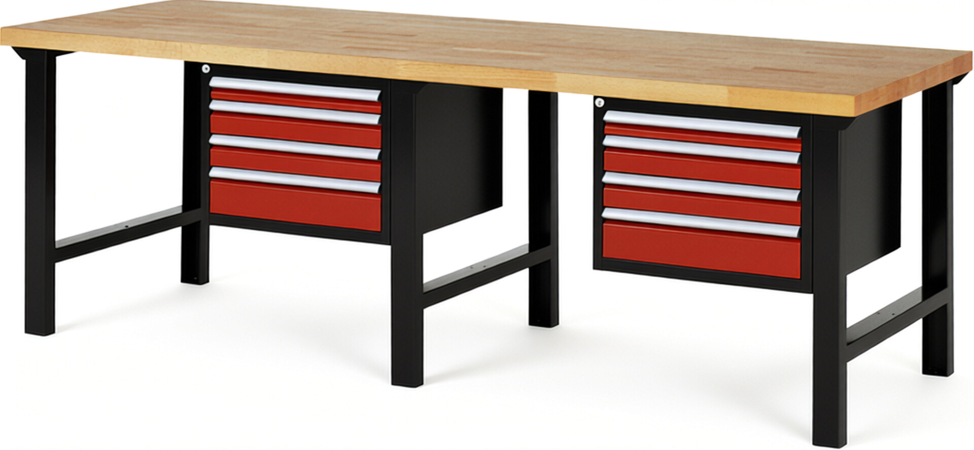 Werkbank Modell 7132 schwarz-rot, BxTxH 2500x900x840 mm,  Buche-Massiv Arbeitsplatte 40 mm,  8 Schubladen mit  Vollauszug 100 % und  SoftClosing