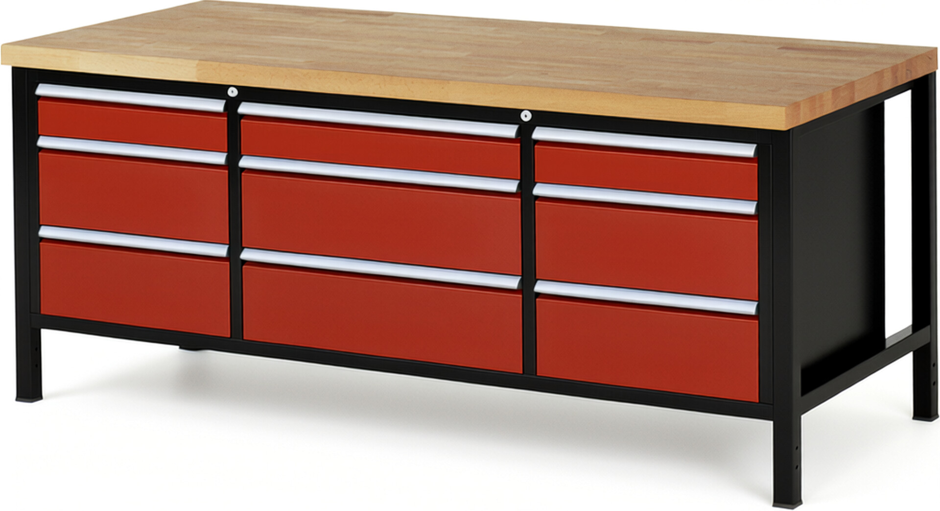 RAU Werkbank schwarz - rot - Breite 200 cm - Tiefe 90 cm - Höhe 104 cm - Buche-Massiv Arbeitsplatte 40 mm