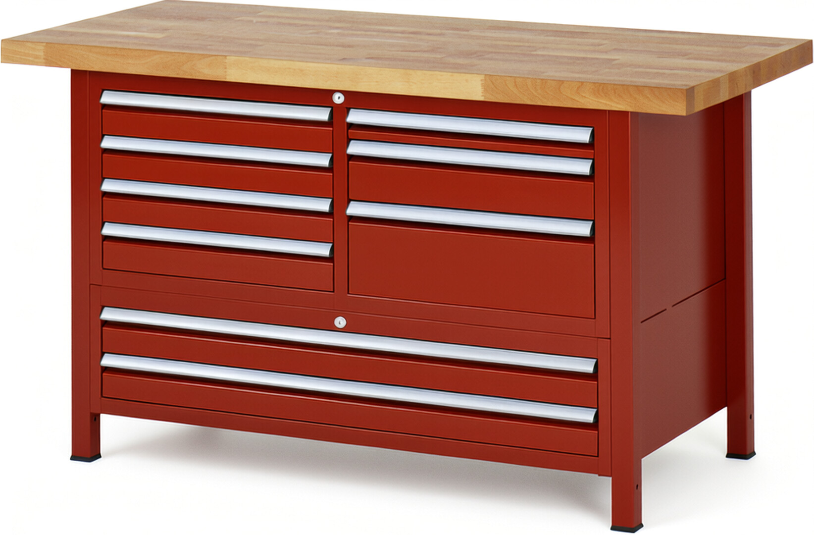 Werkbank Modell 8933 rot, BxTxH 1500x700x840 mm,  Buche-Massiv Arbeitsplatte 40 mm,  9 Schubladen mit  Vollauszug 100 % und  SoftClosing