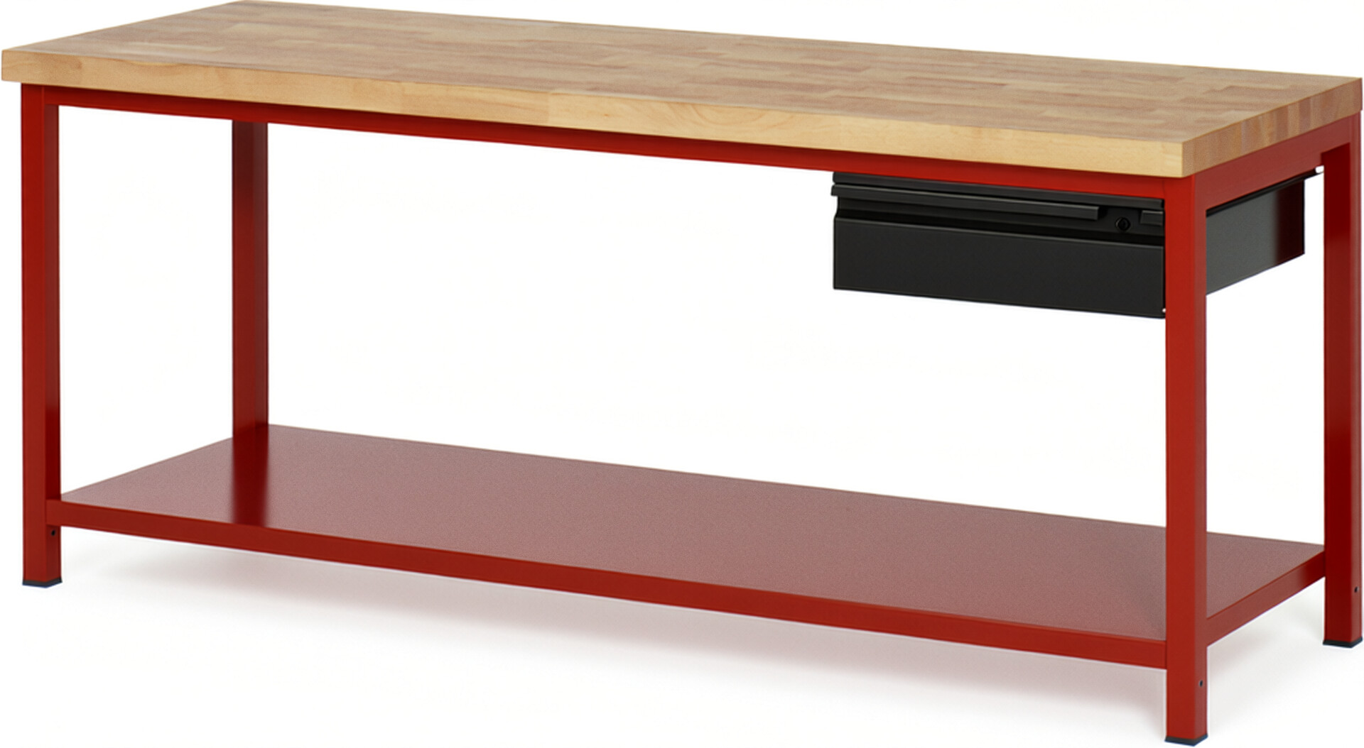 Werkbank rot - schwarz, BxTxH 2000x700x840-1040 mm, Platte Buche 40 mm, inkl. Stahlblech-Ablageboden, 1x 150 mm Hängeschublade, RAL 3000/9011