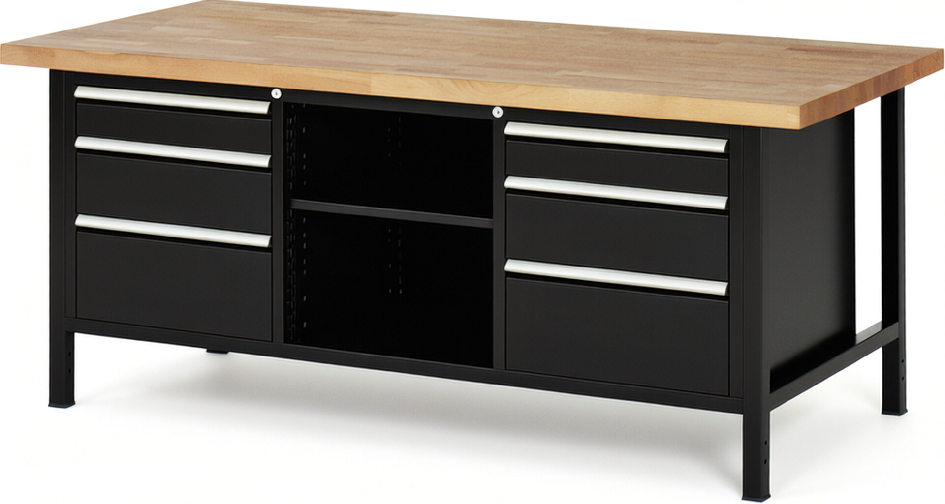 Werkbank Modell 8564 schwarz, BxTxH 2000x900x840-1040 mm,  Buche-Massiv Arbeitsplatte 40 mm,  6 Schubladen mit  Auszug 90 %