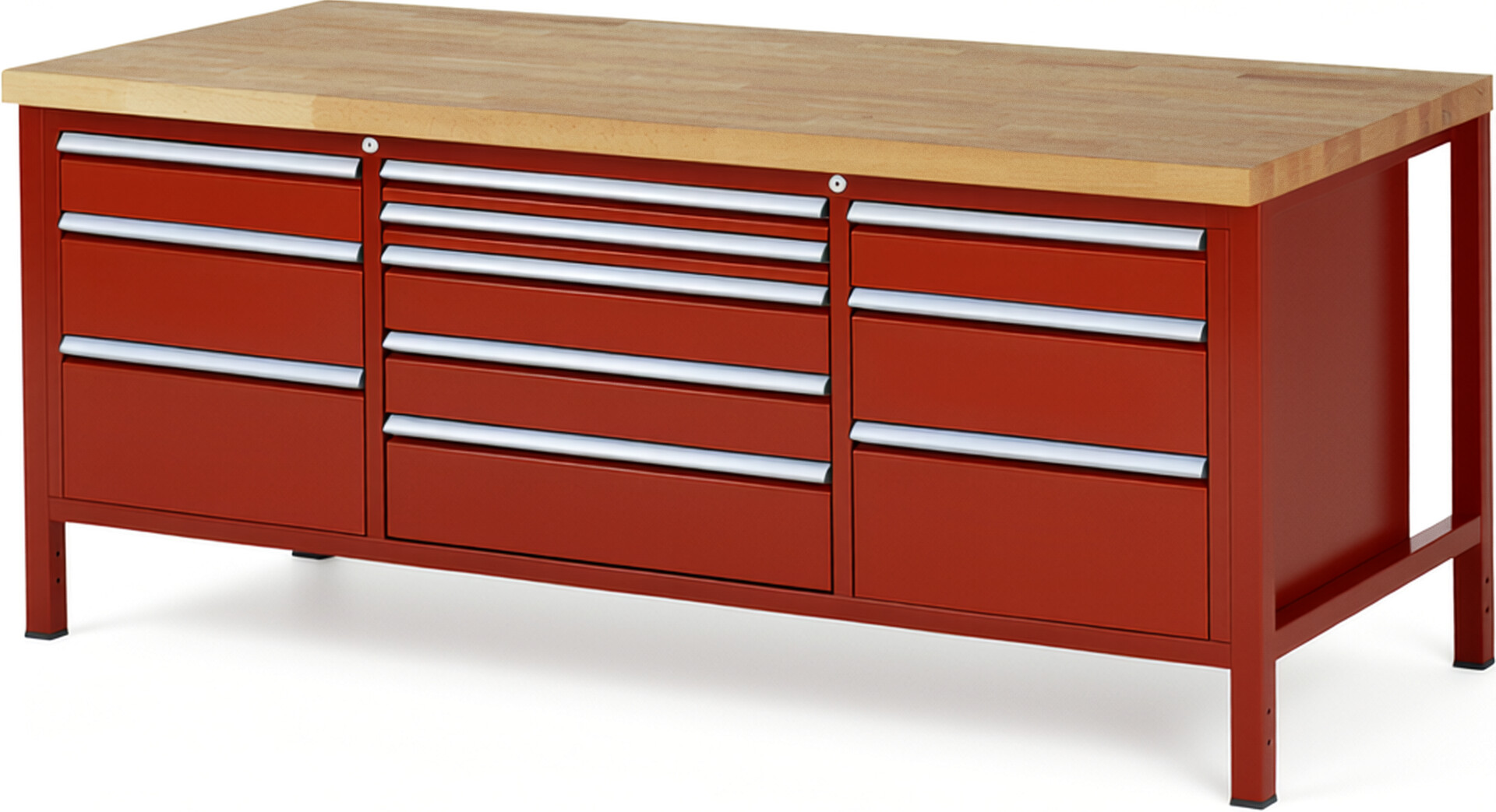 Werkbank Modell 8758 rot, BxTxH 2000x900x840-1040 mm,  Buche-Massiv Arbeitsplatte 40 mm,  11 Schubladen mit  Auszug 90 %