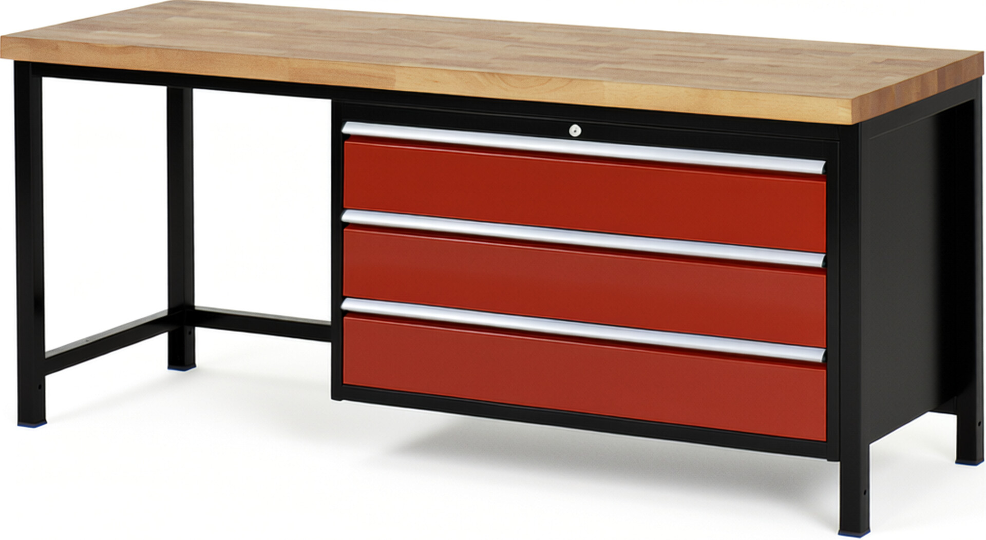 RAU Werkbank schwarz - rot - Breite 200 cm - Tiefe 70 cm - Höhe 104 cm - Buche-Massiv Arbeitsplatte 40 mm