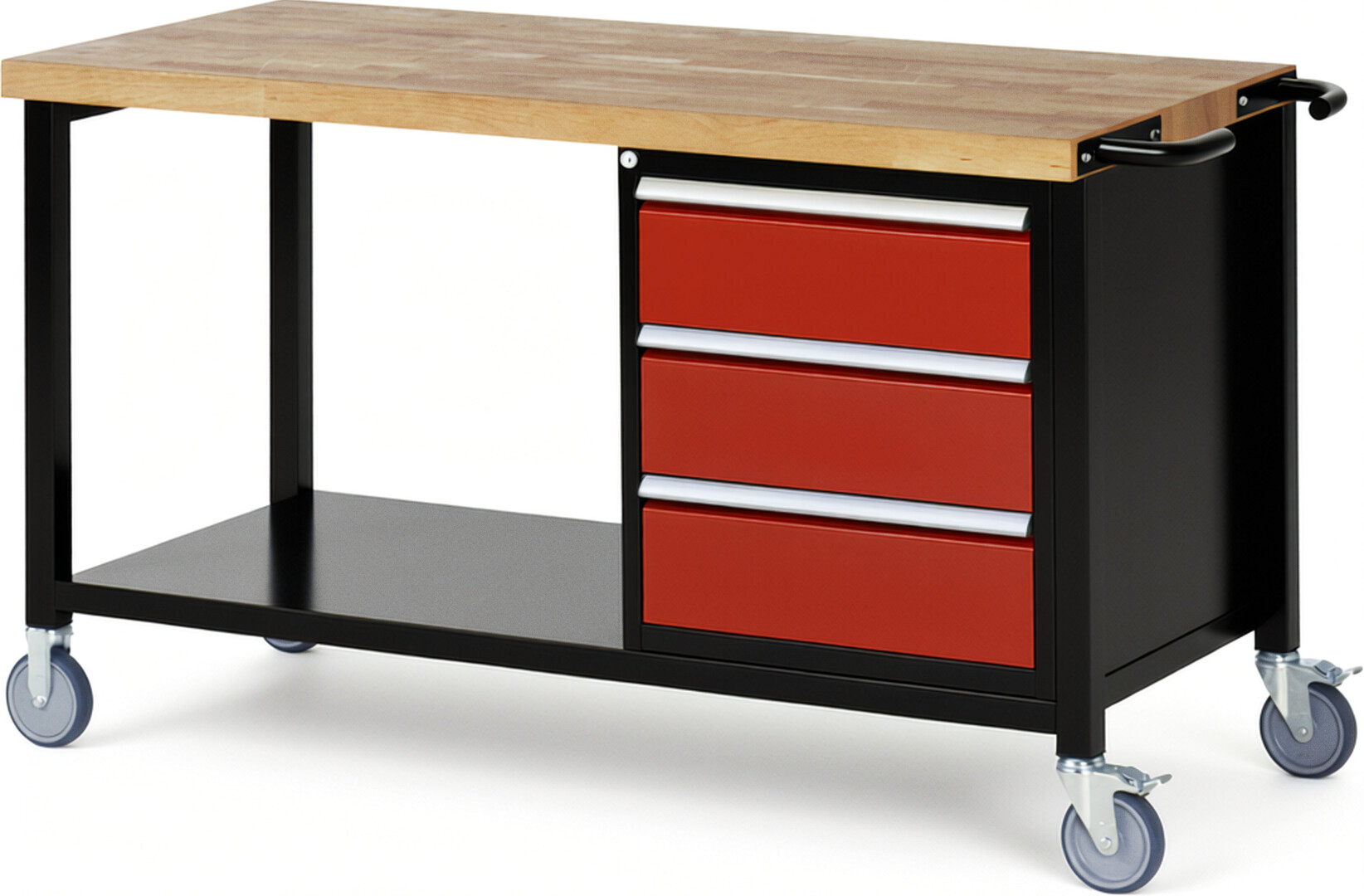 RAU Werkbank schwarz - rot - Breite 150 cm - Tiefe 70 cm - Höhe 108 cm - Buche-Massiv Arbeitsplatte 40 mm