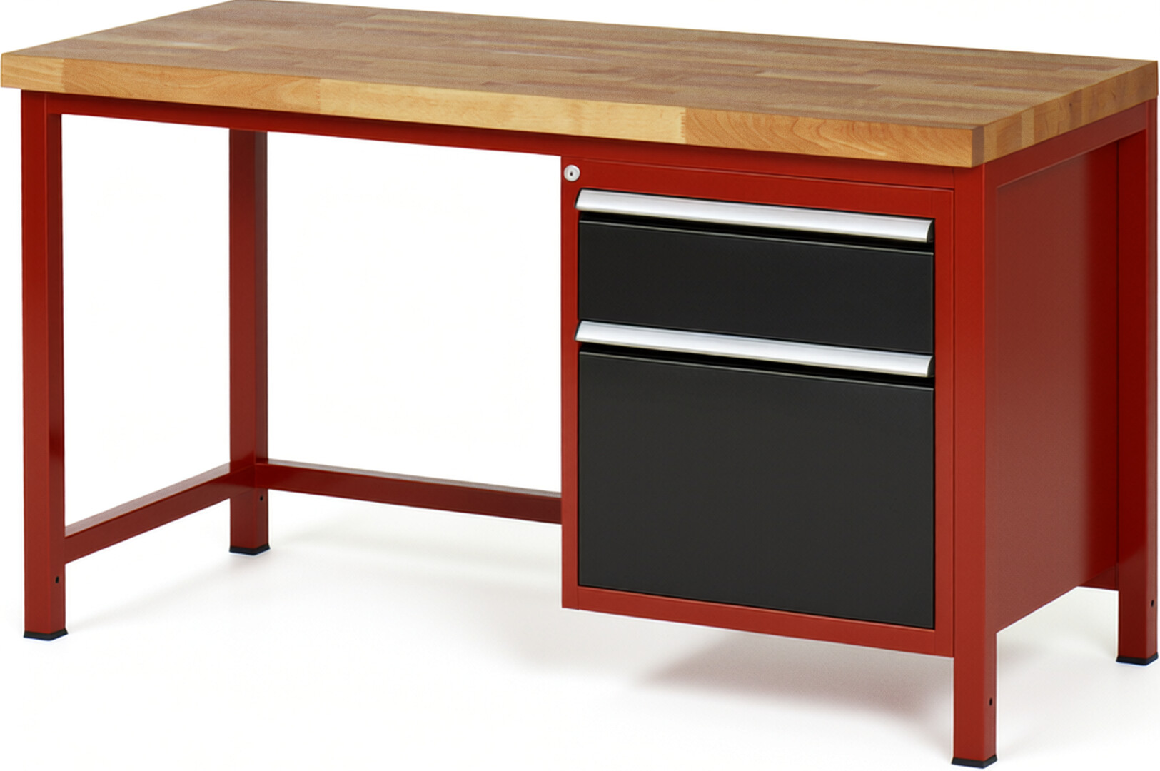 Werkbank Modell 8156 rot - schwarz, BxTxH 1500x700x840 mm,  Buche-Massiv Arbeitsplatte 40 mm,  2 Schubladen mit  Auszug 90 %