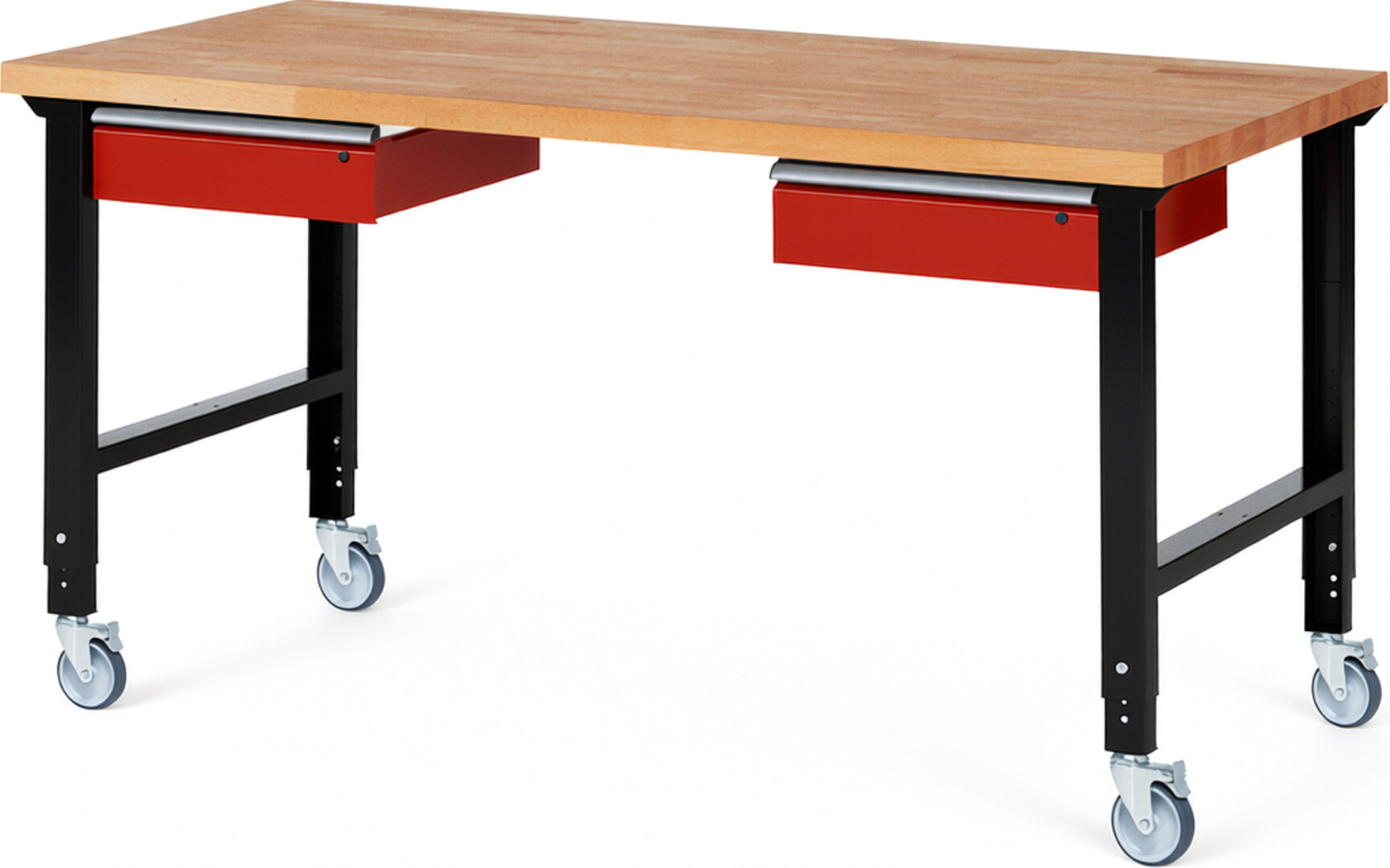 Fahrbare Werkbank Modell 7002 schwarz-rot, BxTxH 2000x900x950-1000 mm,  Buche-Massiv Arbeitsplatte 40 mm,  2 Schubladen mit  Auszug 90 %
