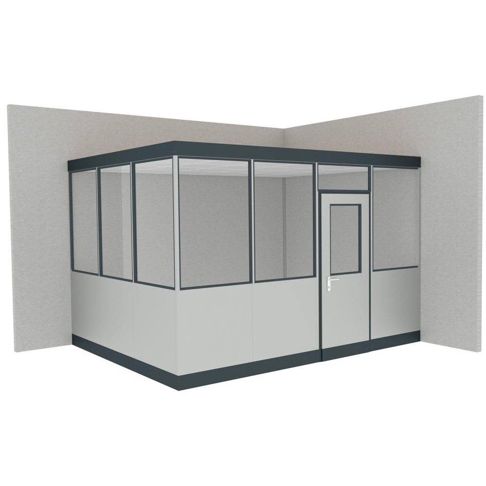 Hallenbüro, 2-seit. in Gebäudeecke, ohne Boden, 2 Leuchten, BxTxH 3050x3050x2630 mm, RAL 9002 grauweiß, Rahmen RAL 5010 enzianblau