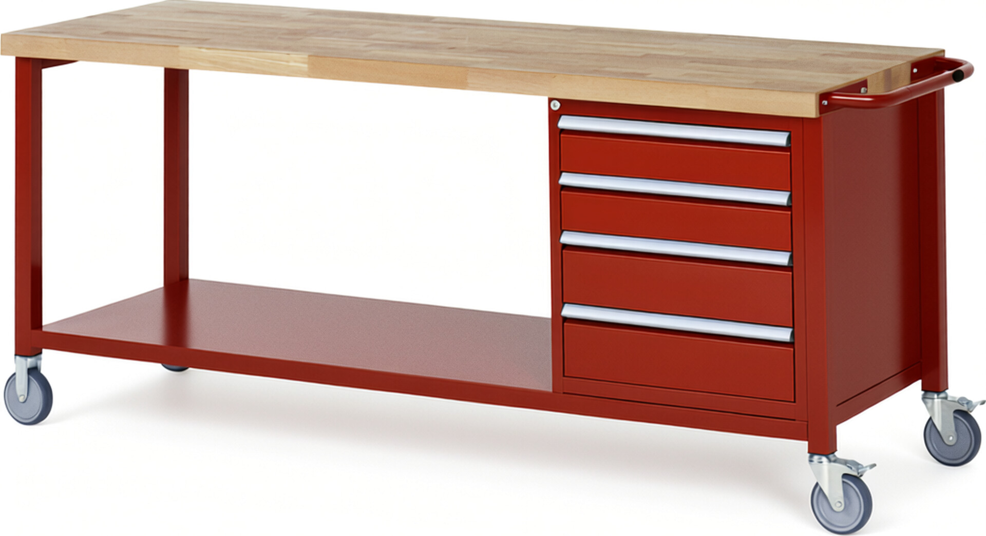 Fahrbare Werkbank Modell 8162 rot, BxTxH 2000x700x880-1080 mm,  Buche-Massiv Arbeitsplatte 40 mm,  4 Schubladen mit  Vollauszug 100 % und  SoftClosing