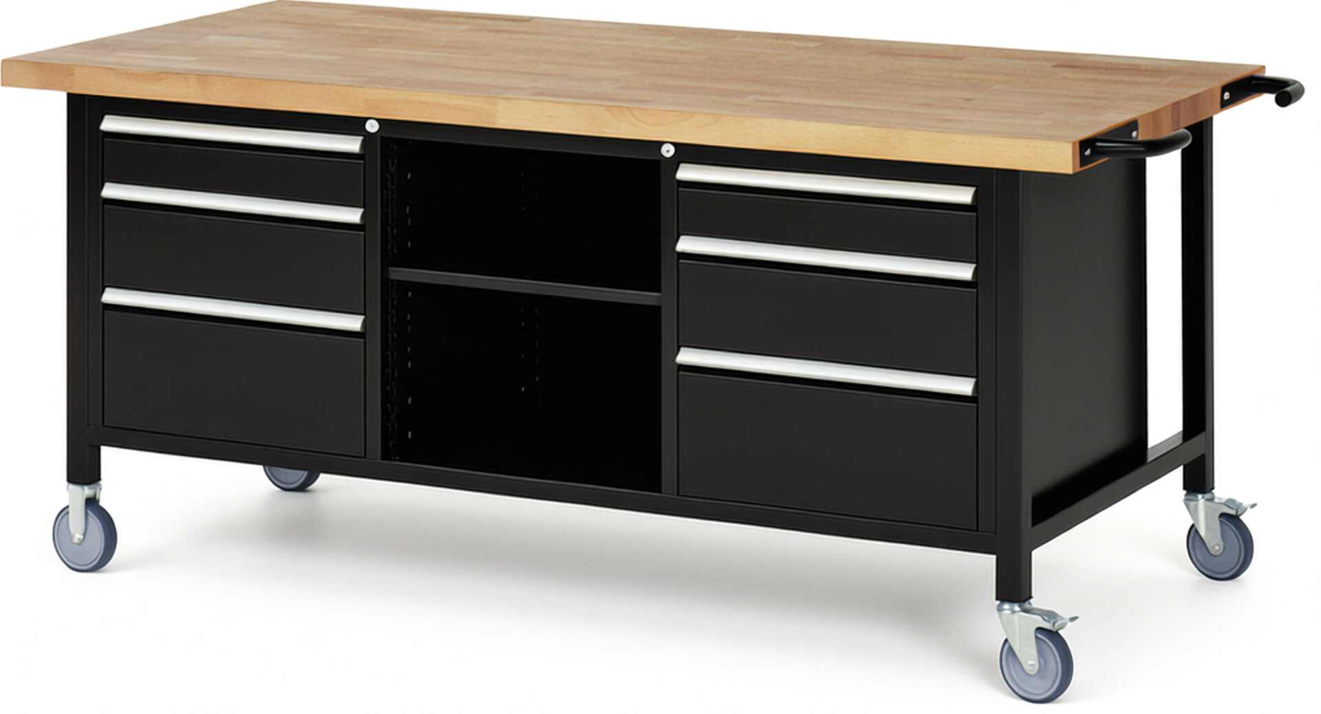 RAU Werkbank schwarz - Breite 200 cm - Tiefe 90 cm - Höhe 88 cm - Buche-Massiv Arbeitsplatte 40 mm