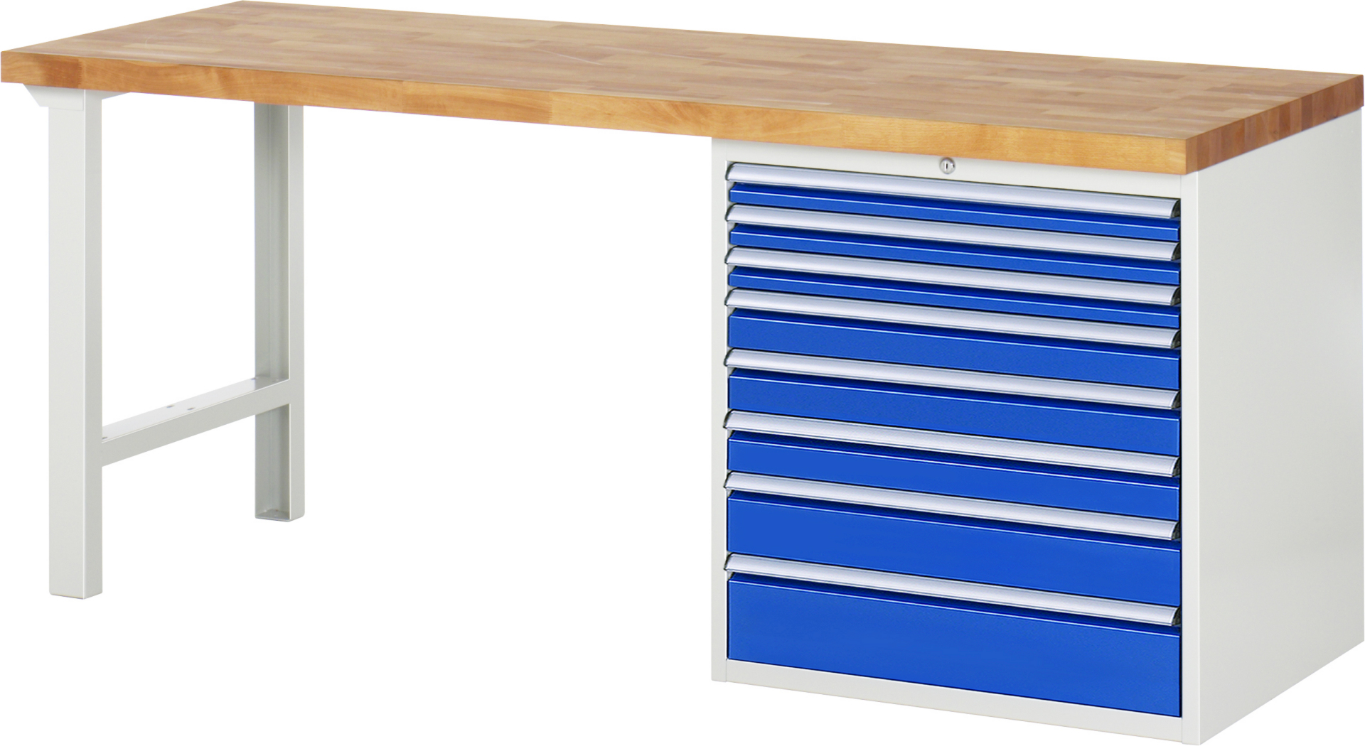 Werkbank Modell 7619 rot - schwarz, BxTxH 2000x700x840 mm,  Buche-Massiv Arbeitsplatte 40 mm,  8 Schubladen mit  Auszug 90 %