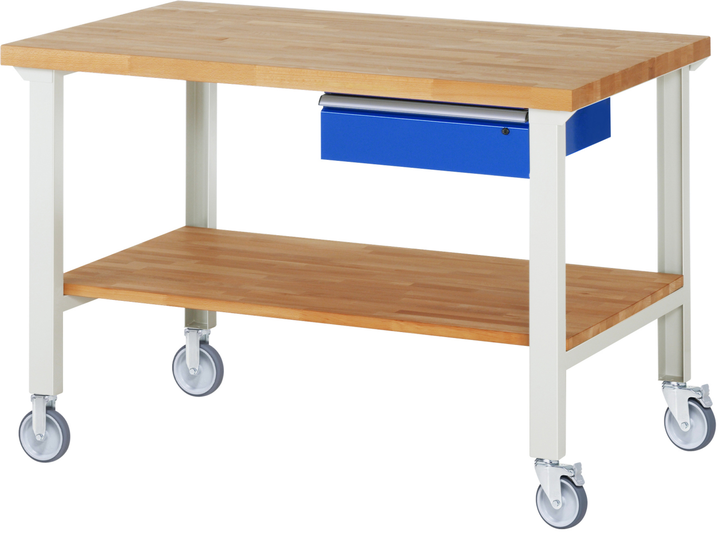 Fahrbare Werkbank Modell 7001,  BxTxH 1500x900x1000 mm,  Buche-Massiv Arbeitsplatte 40 mm,  1 Schublade mit  Auszug 90 %