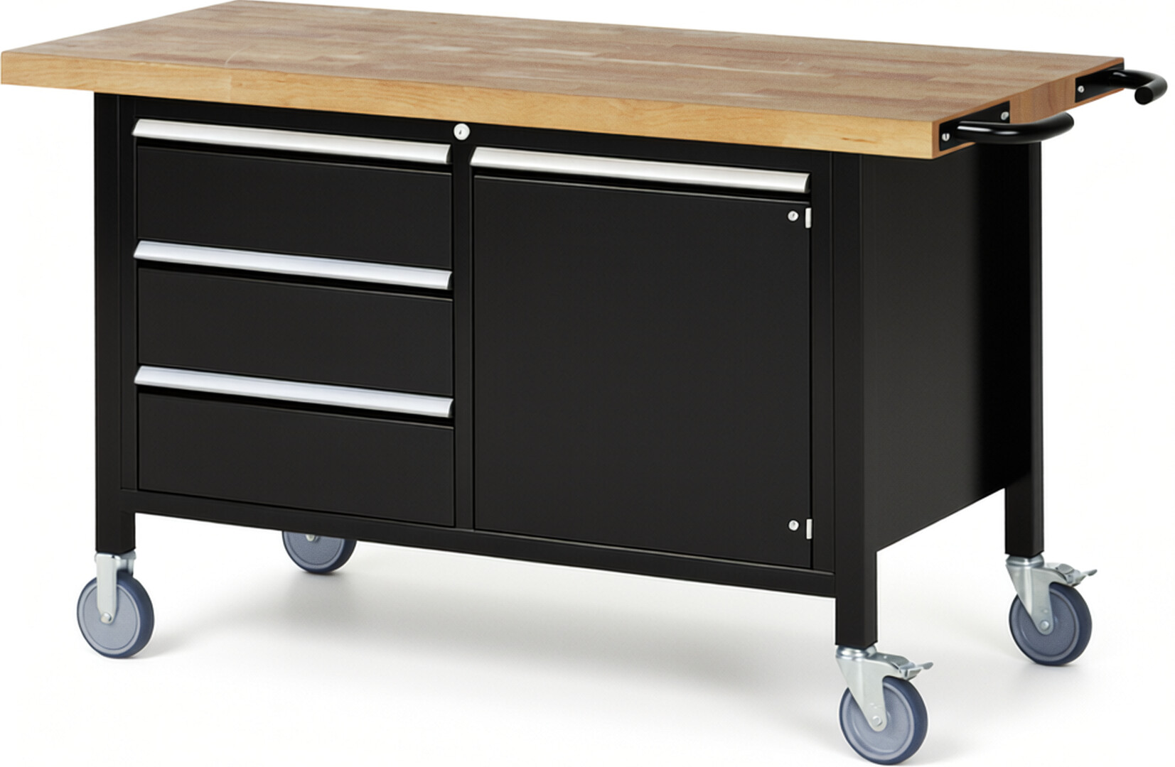 RAU Werkbank schwarz - Breite 150 cm - Tiefe 70 cm - Höhe 88 cm - Buche-Massiv Arbeitsplatte 40 mm