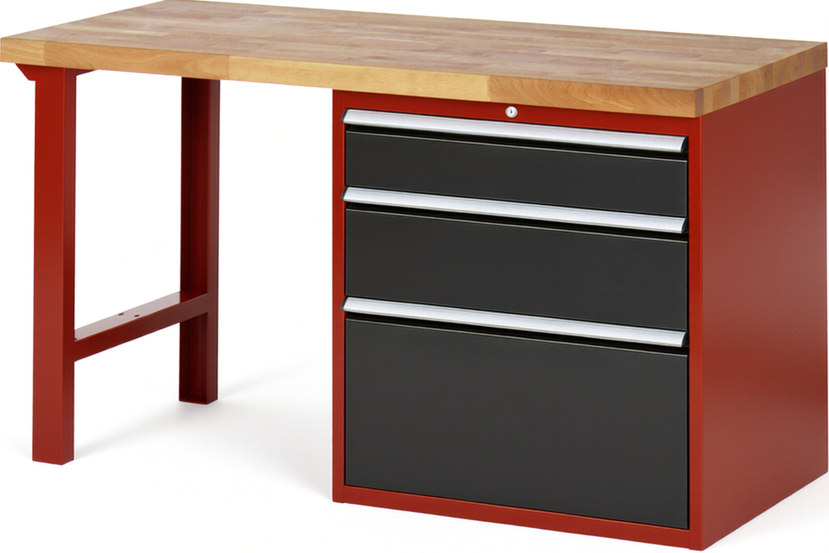 Werkbank Modell 7608 rot - schwarz, BxTxH 1500x700x890 mm,  Buche-Massiv Arbeitsplatte 40 mm,  3 Schubladen mit  Auszug 90 %
