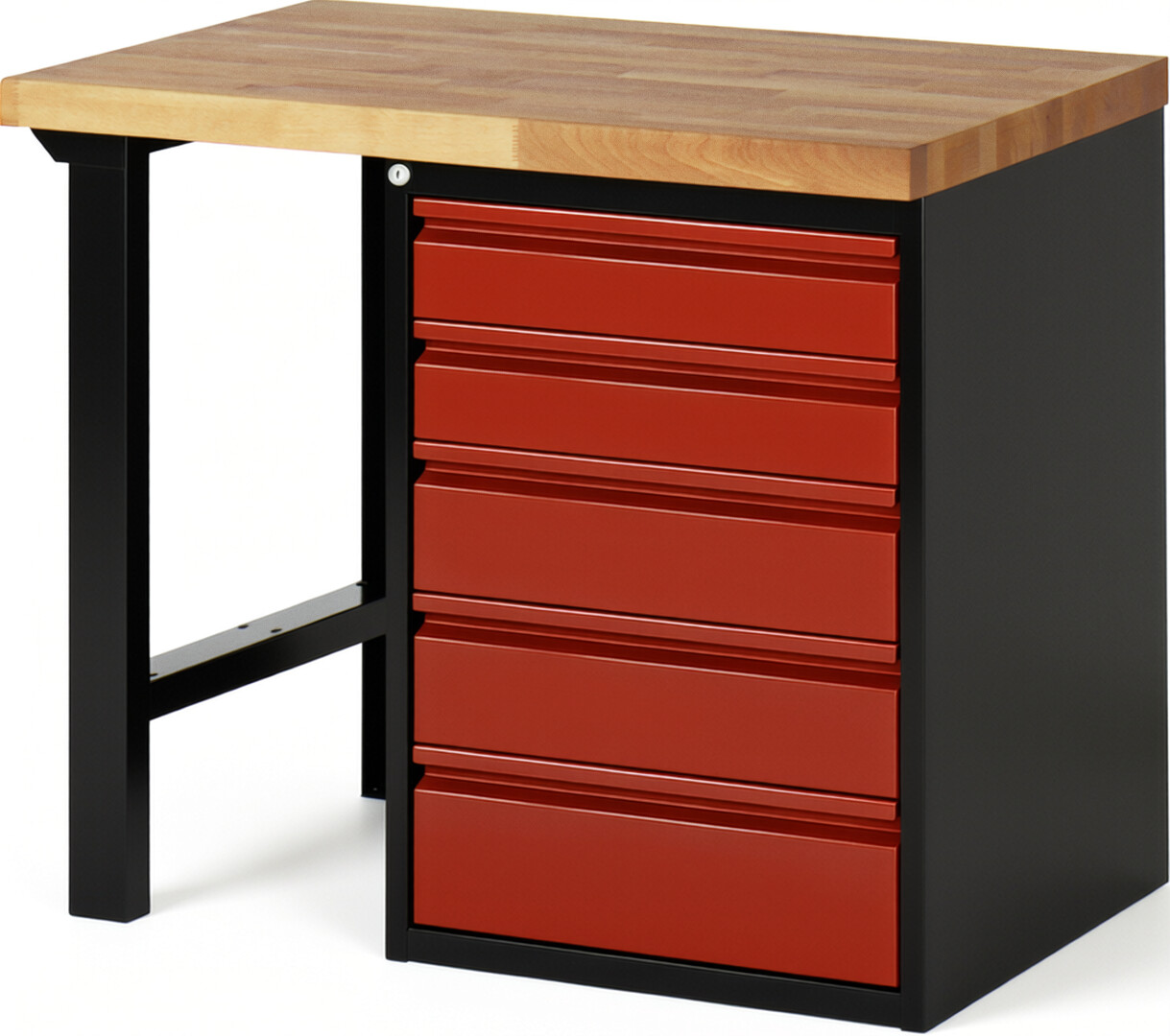 Werkbank schwarz - rot, Breite 100 cm, Tiefe 70 cm, Höhe 89 cm, 5 Schublade(n), Platte: Buche-Massiv-Arbeitsplatte