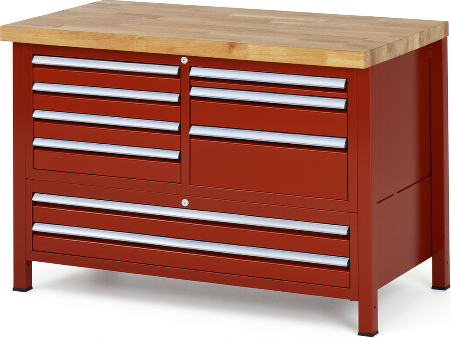 Werkbank Modell 8933 rot, BxTxH 1250x700x840 mm,  Buche-Massiv Arbeitsplatte 40 mm,  9 Schubladen mit  Auszug 90 %