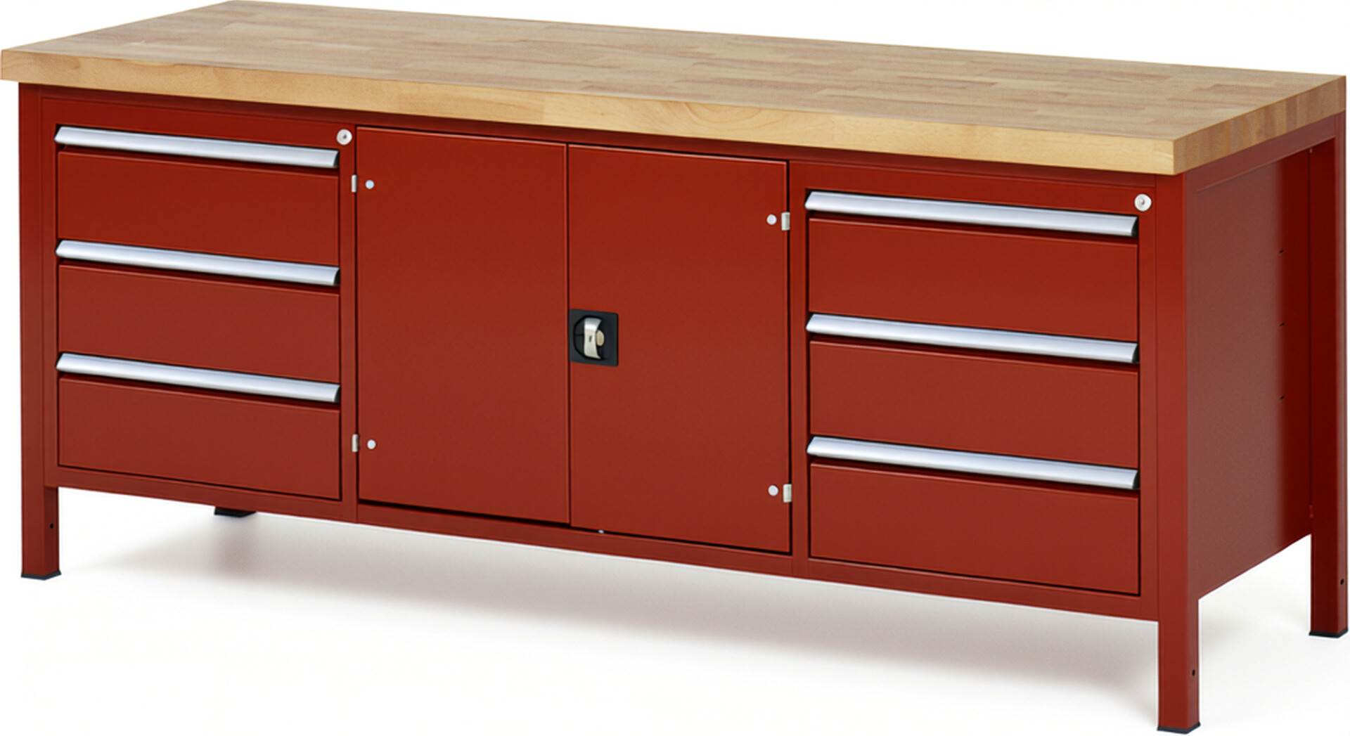 Werkbank Modell 8907 rot, BxTxH 2000x700x840 mm,  Buche-Massiv Arbeitsplatte 40 mm,  6 Schubladen mit  Auszug 90 %