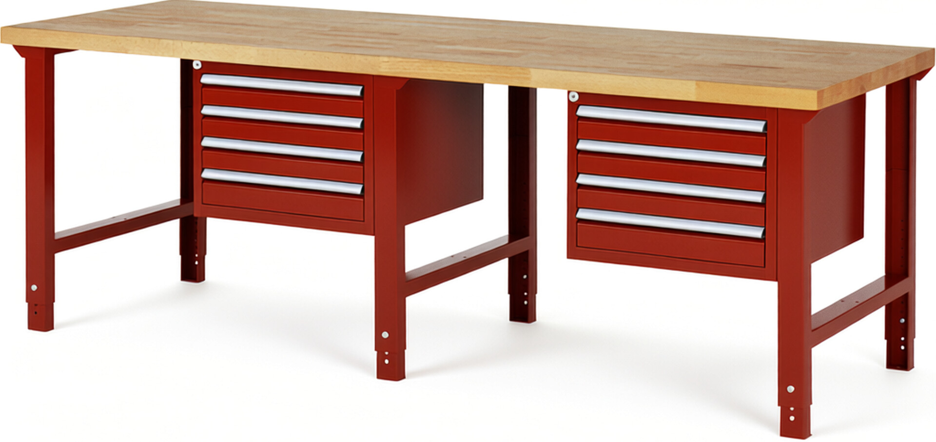 Werkbank Modell 7133 rot, BxTxH 2500x900x790-1140 mm,  Buche-Massiv Arbeitsplatte 40 mm,  8 Schubladen mit  Auszug 90 %
