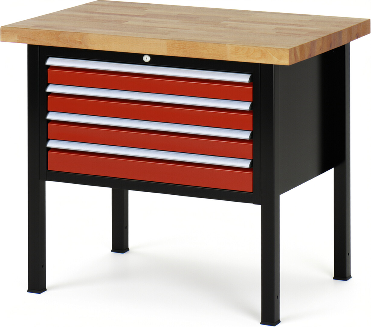 Werkbank Modell 8233 schwarz-rot, BxTxH 1000x700x840-1040 mm,  Buche-Massiv Arbeitsplatte 40 mm,  4 Schubladen mit  Auszug 90 %