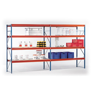 Weitspannregal, Anbaufeld, 4 Ebenen mit Spanplattenboden, Fachlast 670 kg, BxTxH 1785x800x2500 mm, Ständer blau, Holme orange