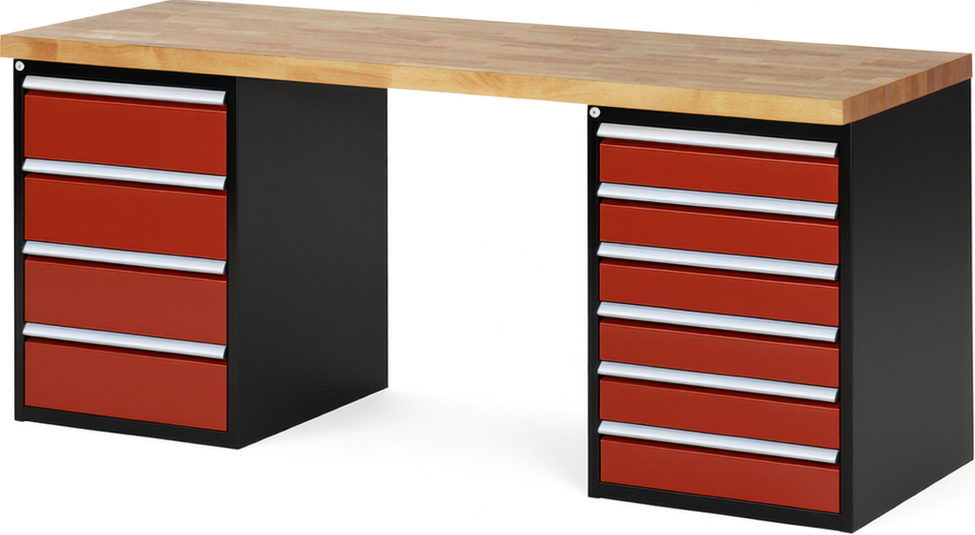 RAU Werkbank schwarz - rot - Breite 200 cm - Tiefe 70 cm - Höhe 89 cm - Buche-Massiv Arbeitsplatte 40 mm