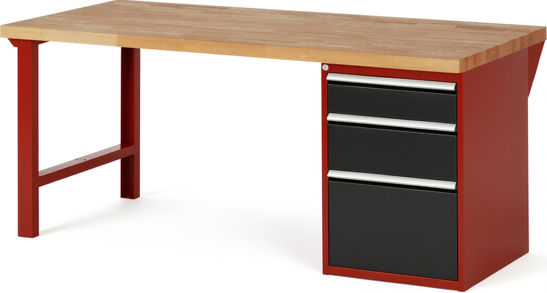 Werkbank Modell 7508 rot - schwarz, BxTxH 2000x900x890 mm,  Buche-Massiv Arbeitsplatte 40 mm,  3 Schubladen mit  Vollauszug 100 % und  SoftClosing