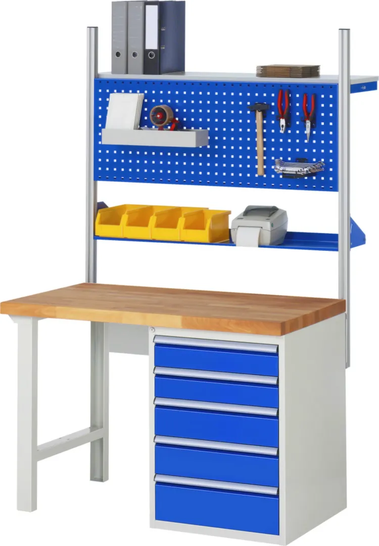 Werkbank Modell 7519 rot, BxTxH 1250x900x890 mm,  Buche-Massiv Arbeitsplatte 40 mm,  8 Schubladen mit  Auszug 90 %