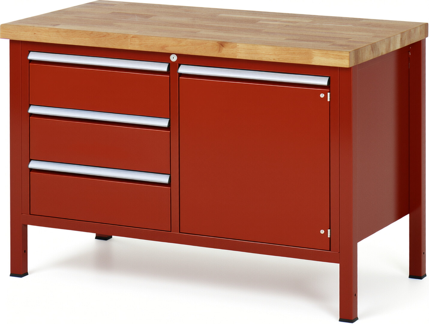 Werkbank Modell 8468 rot, BxTxH 1250x700x840-1040 mm,  Buche-Massiv Arbeitsplatte 40 mm,  3 Schubladen mit  Auszug 90 %