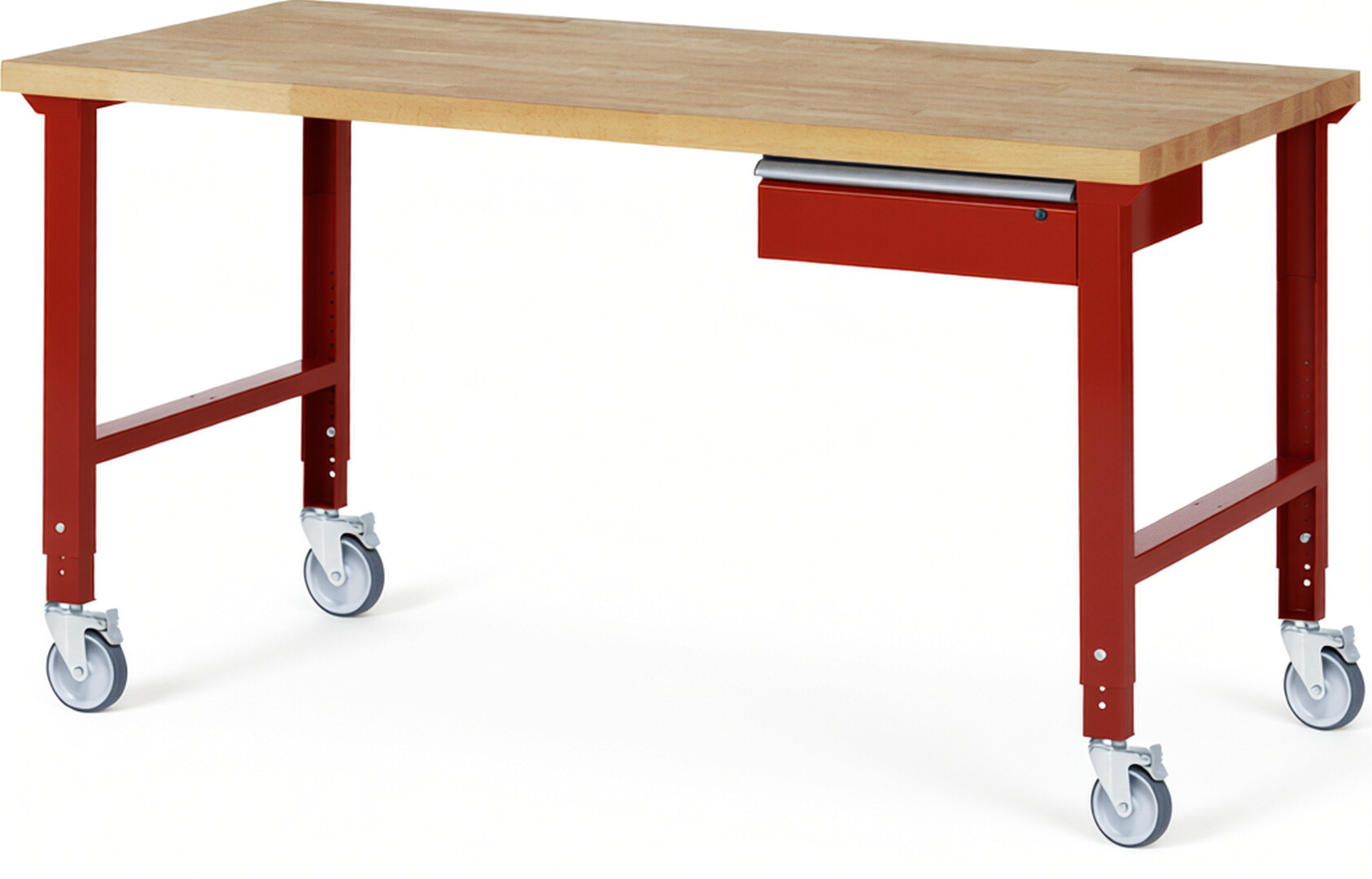 Fahrbare Werkbank Modell 7001 rot, BxTxH 2000x900x950-1000 mm,  Buche-Massiv Arbeitsplatte 40 mm,  1 Schublade mit  Auszug 90 %