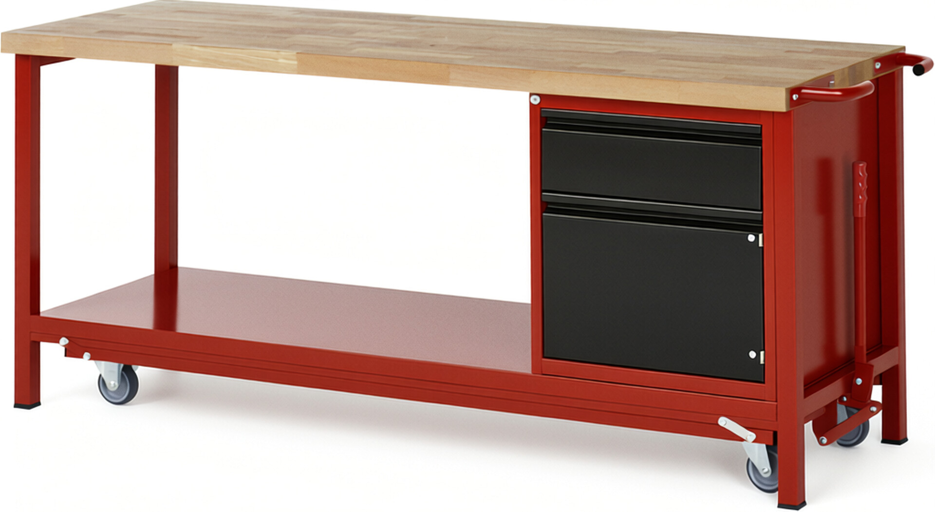 Absenkbare Werkbank - Modell 8152 BASIC rot - schwarz, BxTxH 2000x700x880 mm,  Buche-Massiv Arbeitsplatte 40 mm,  1 Schublade mit  Auszug 90 %
