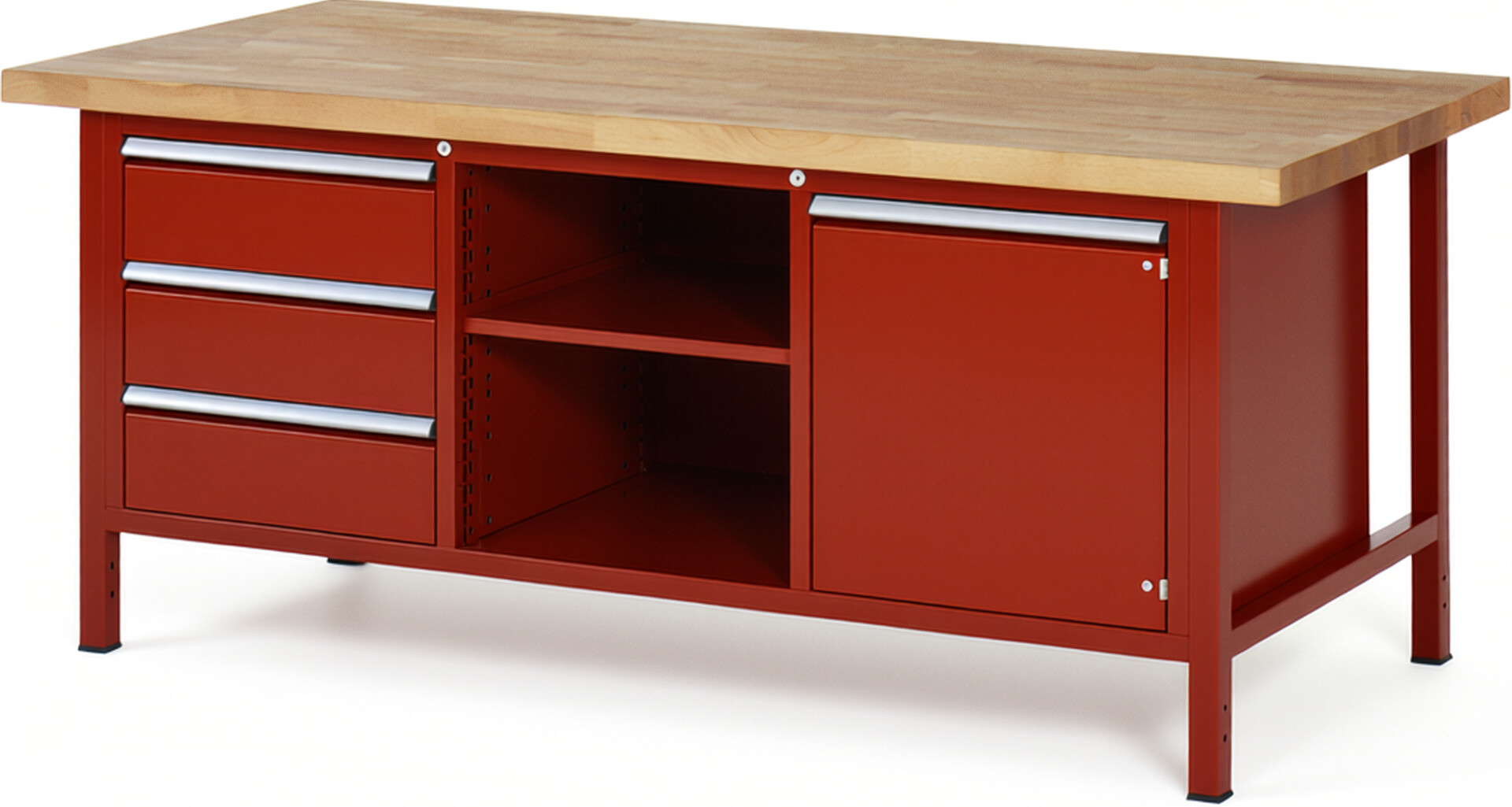 Werkbank Modell 8563 rot, BxTxH 2000x900x840-1040 mm,  Buche-Massiv Arbeitsplatte 40 mm,  3 Schubladen mit  Auszug 90 %