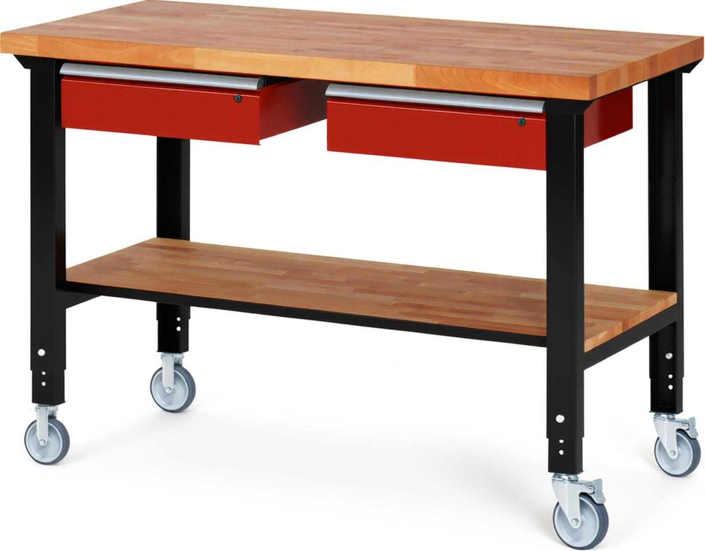 Fahrbare Werkbank Modell 7002 schwarz-rot, BxTxH 1500x700x950-1000 mm,  Buche-Massiv Arbeitsplatte 40 mm,  2 Schubladen mit  Auszug 90 %