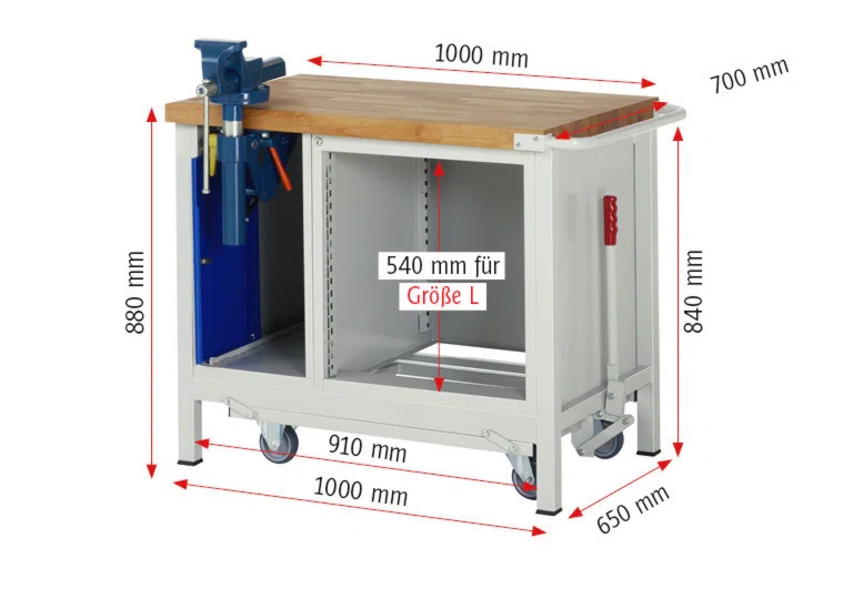 Absenkbare Werkbank Modell 8181 rot, BxTxH 1000x700x880 mm,  Buche-Massiv Arbeitsplatte 40 mm,  1 Schublade mit  Vollauszug 100 % und  SoftClosing