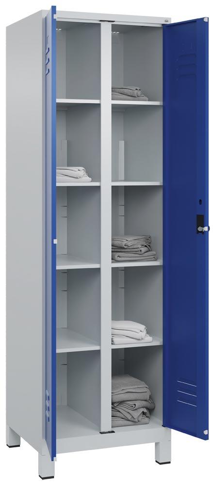 Spind, Kombischrank Premium, BxTxH 600x500x1950 mm, 2 Abteile a 300 mm, mit Füßen, Drehriegel, RAL 7035/5010