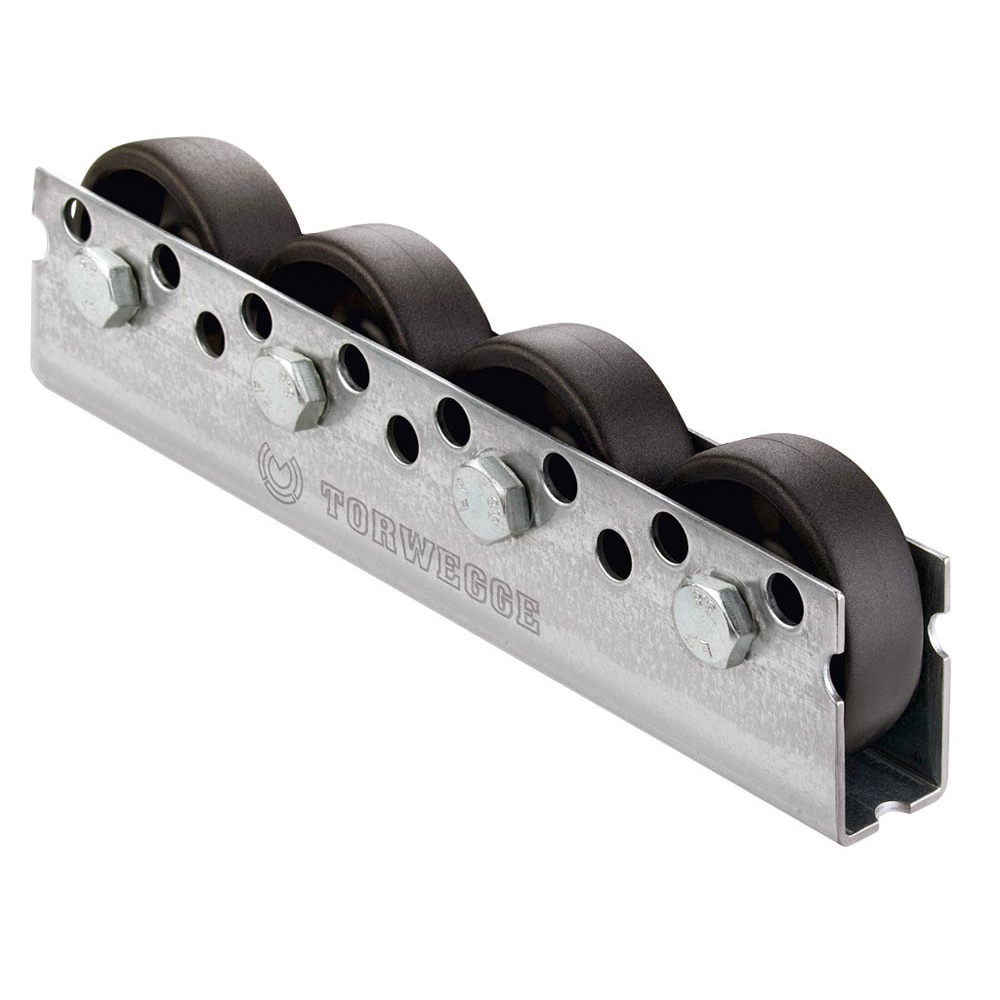 Universal-Rollenschiene, Profil 44x28x44x2 mm, verzinkt, Kunststoff-Rollen hart mit Gleitl., Traglast 40 kg/Rolle, Bauhöhe 54 mm, Achsabstand 125 mm